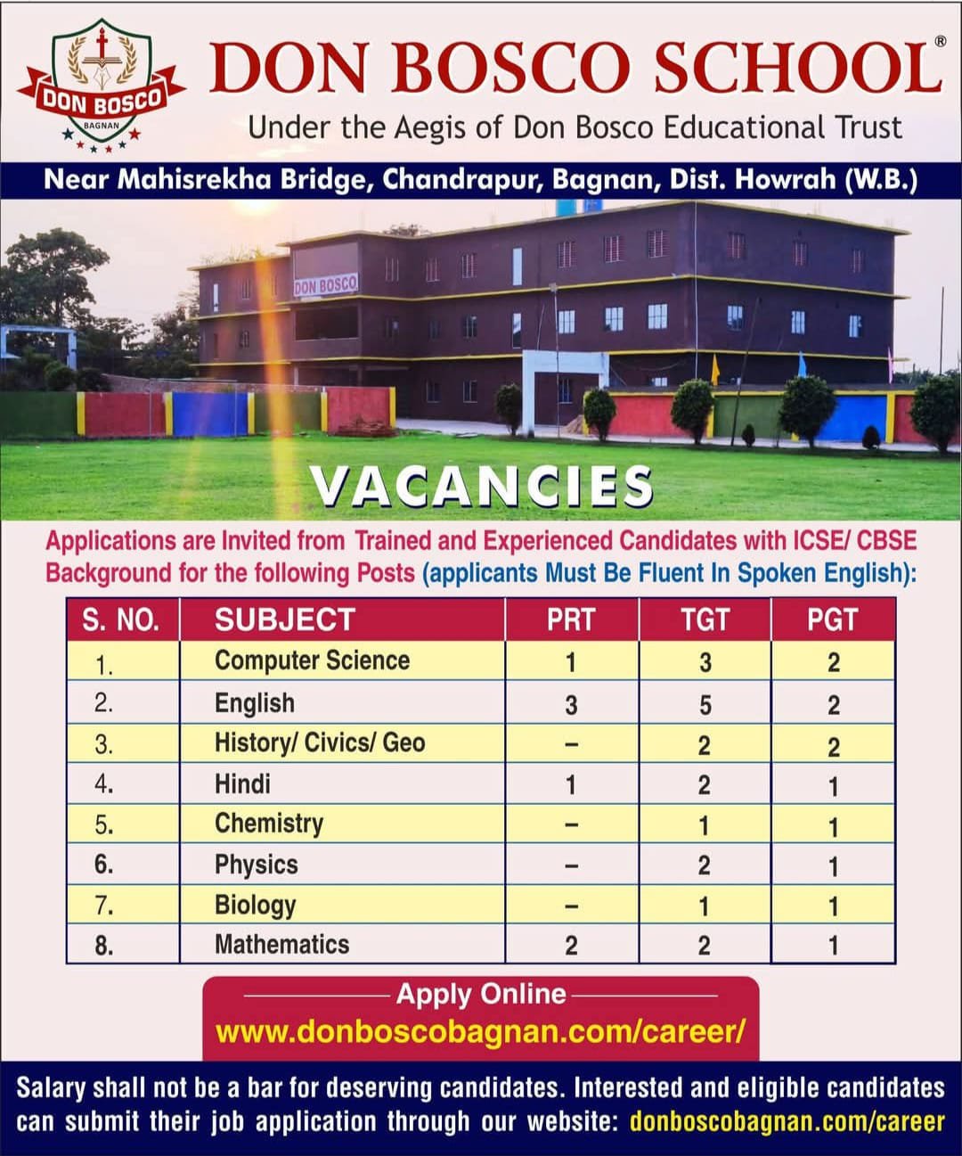 School Jobs at  Don Bosco School ,  Howrah
